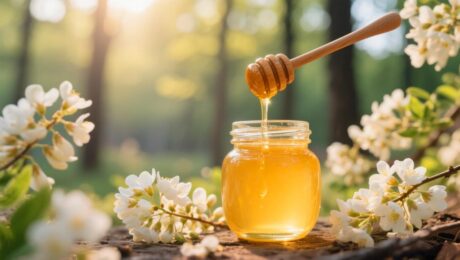 delee-acacia-honey-cover Toples Madu Akasia Delee Foods dengan wadah madu yang dikelilingi bunga akasia yang sedang mekar, menonjolkan kemurnian dan keahlian alami.