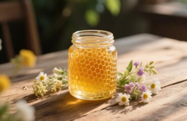 غطاء عسل خالٍ من المواد المضافة عسل خالي من أي إضافات في وعاء زجاجي مع أقراص العسل والزهور، يمثل مكونات نقية وطبيعية