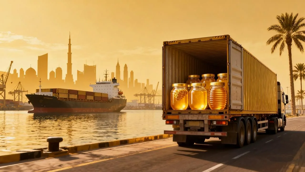 Expédition de miel Delee vers l'Irak, mettant en valeur l'exportation de miel naturel et le partenariat commercial mondial