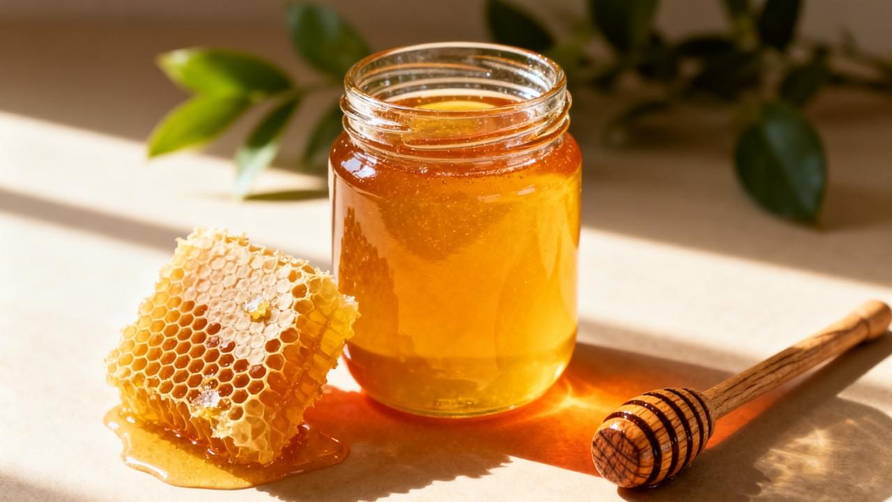 순수 꿀 커버 벌집과 디퍼가 있는 유리 병에 담긴 순수 꿀은 B2B 구매자를 위한 천연 고품질 꿀 성분을 상징합니다.