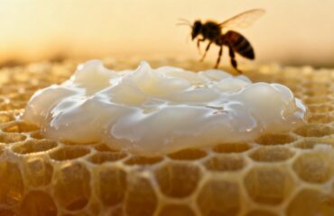 중국의 주요 로얄 젤리 공급업체에서 공급한 신선한 로얄 젤리를 벌집 모양의 배경이 있는 깨끗한 유리 병에 담아 제공합니다.