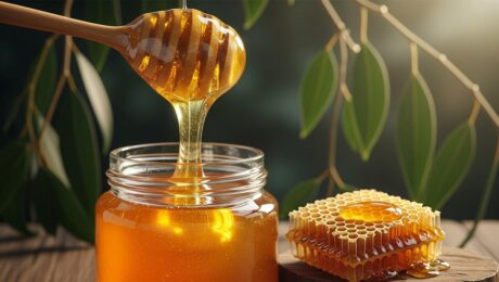 Sidr-Honig-Abdeckung Goldener Sidr-Honig, der von einem Holzlöffel mit Honigwabe tropft und den weltbesten Sidr-Honig in einer natürlichen Umgebung hervorhebt
