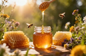 madu antioksidan dalam toples kaca dengan sarang lebah dan bunga, mewakili bahan antioksidan alami dan kesehatan