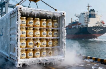 gelée royale congelée, exportation, Arabie saoudite, miel Delee Exportation de gelée royale congelée vers l'Arabie saoudite par Delee Honey, présentant des conteneurs congelés et des pots de gelée royale haut de gamme expédiés de Chine à Djeddah.