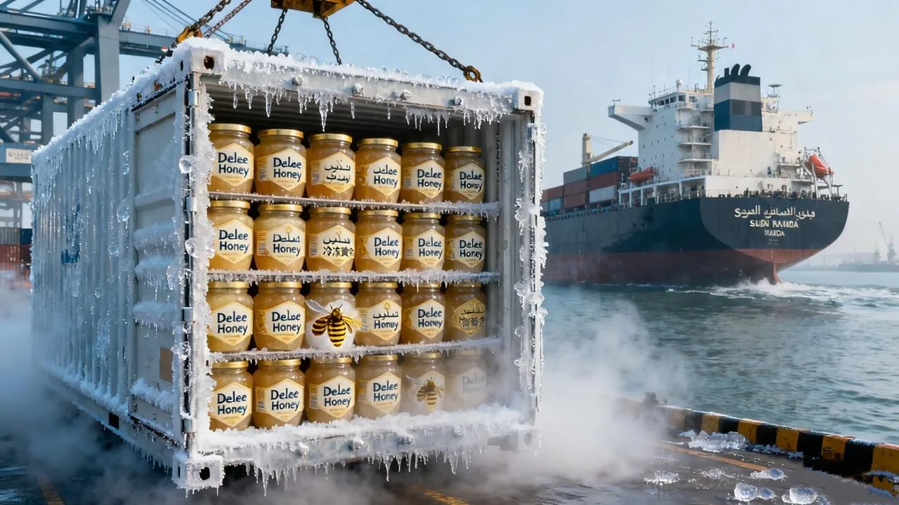 Exportación de jalea real congelada a Arabia Saudita por Delee Honey, mostrando contenedores congelados y frascos de jalea real premium enviados desde China a Jeddah.