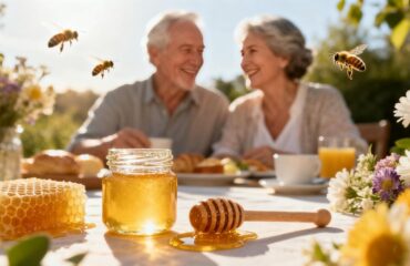 Gelée Royale-Anti-Aging-Delee-Honig Ein älteres Paar genießt die gesundheitlichen und Anti-Aging-Vorteile von Delee Honey Royal Jelly, einem natürlichen Superfood, das reich an Nährstoffen und Antioxidantien ist.