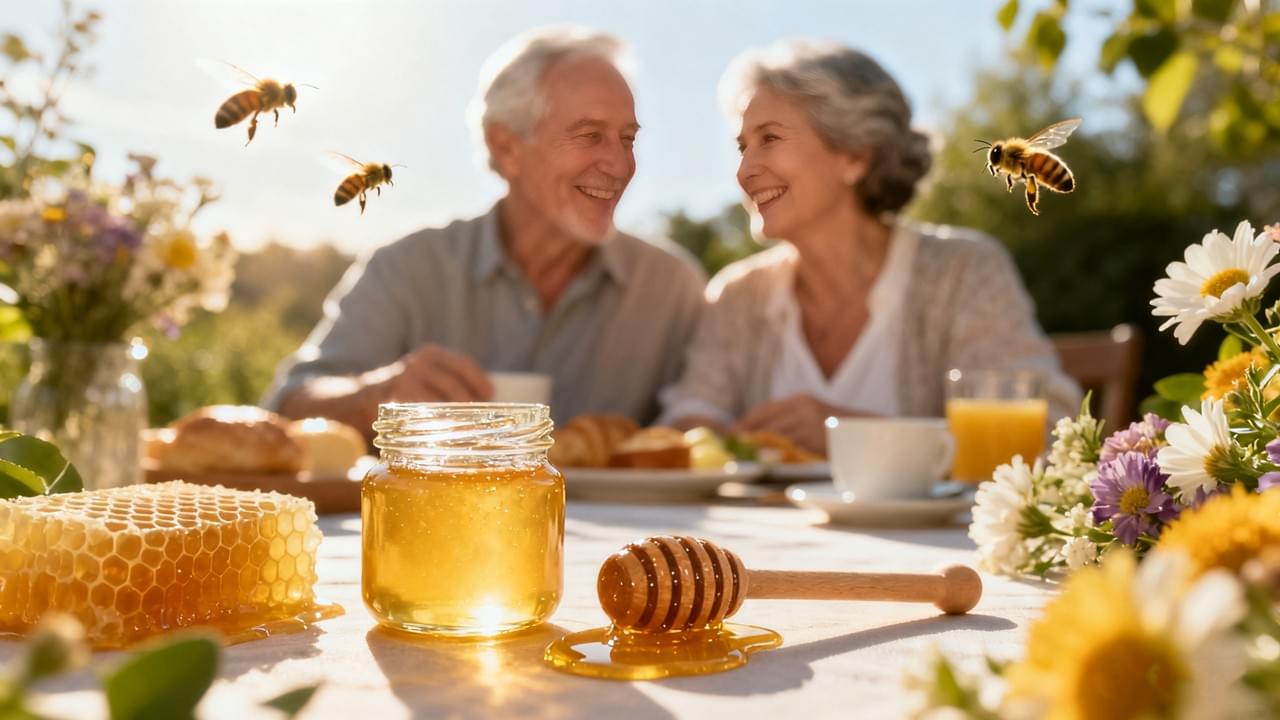 geleia real-antienvelhecimento-delee-mel Casal de idosos aproveitando os benefícios para a saúde e o antienvelhecimento da geleia real de mel Delee, um superalimento natural rico em nutrientes e antioxidantes.