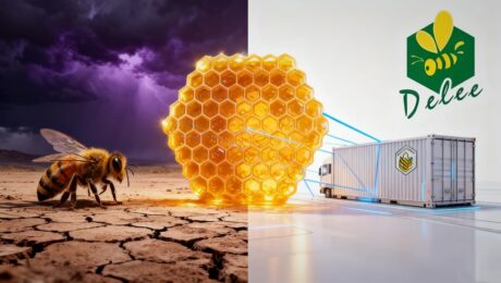 delee-honey-bulk-supply-chain-resilience Digitale Konzeptillustration, die die Strategie von Delee Honey zur Stärkung der Lieferkette für Honig in großen Mengen veranschaulicht. Sie verbindet eine gesunde, zertifizierte Bio-Honigquelle mit einem sicheren und stabilen Logistiknetzwerk vor dem Hintergrund unbeständiger Wetterbedingungen.