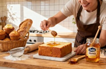 蜂蜜を使ったヘルシーなベーキング 蜂蜜を使った健康的なベーキング — 居心地の良いキッチンで、焼きたてのマフィンやデザートに黄金色の Delee Honey をかけたパン職人。.