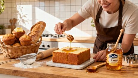 healthy-baking-with-honey-cover Healthy baking with honey — a baker drizzling golden Delee Honey over fresh muffins and desserts in a cozy kitchen.