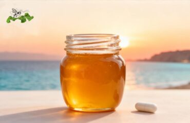 Роскошное фотореалистичное изображение банки премиального ближневосточного меда (сидра) с капсулой для здоровья на размытом фоне Красного моря в Шарм-эль-Шейхе на закате, демонстрирующее предложения Delee Foods для конференции ABU 2025.