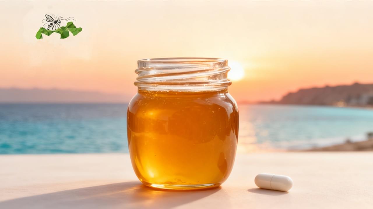 premium-middle-east-honey-sharm-el-sheikh Luxurious, photorealistic image of premium Middle East Honey (Sidr) jar with a health capsule, set against a blurred background of the Sharm El Sheikh Red Sea at sunset, highlighting Delee Foods' offerings for the ABU 2025 conference.