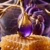 Close-up of golden propolis benefits drop on honeycomb, symbolizing its value for heart and cardiovascular health.