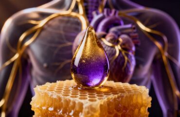 Close-up of golden propolis benefits drop on honeycomb, symbolizing its value for heart and cardiovascular health.