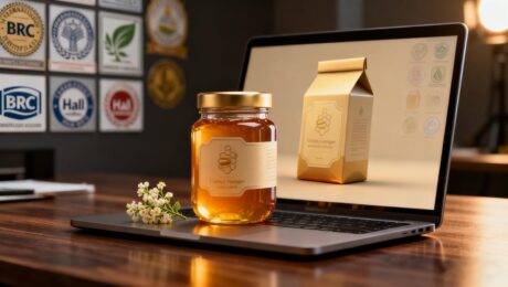 صورة مقربة لجرة عسل خاصة ومتطورة تحمل علامة تجارية خاصة على مكتب أنيق بجوار كمبيوتر محمول يعرض نماذج تصميم العبوة، مما يدل على خدمة التصميم والتصنيع الشاملة التي تقدمها شركة Delee Honey.
