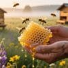 A close-up of hands protecting a honeycomb and bees in a sunlit meadow, illustrating ethical and sustainable honey sourcing practices for business resilience.