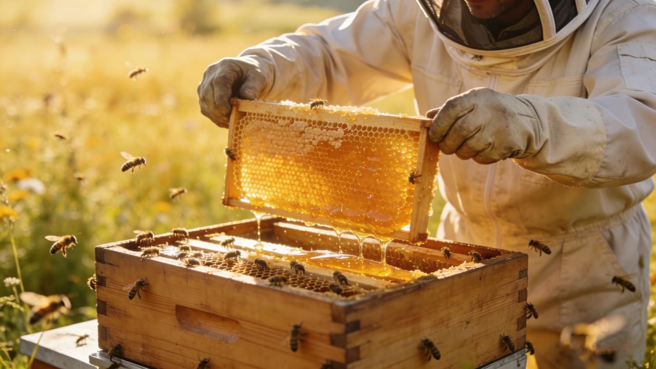 نحّال يجمع أقراص العسل من خلية نحل طبيعية