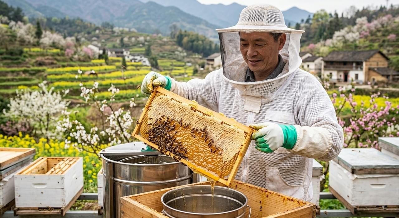 Penternak lebah memeriksa kawalan kualiti sarang lebah di ladang lebah madu Delee