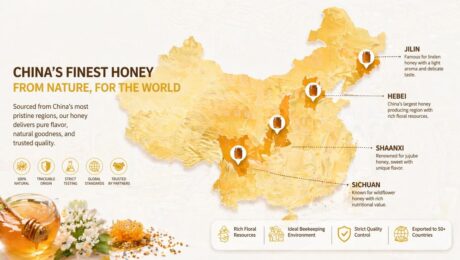 Peta wilayah penghasil madu di Tiongkok yang menunjukkan asal varietas bunga utama.