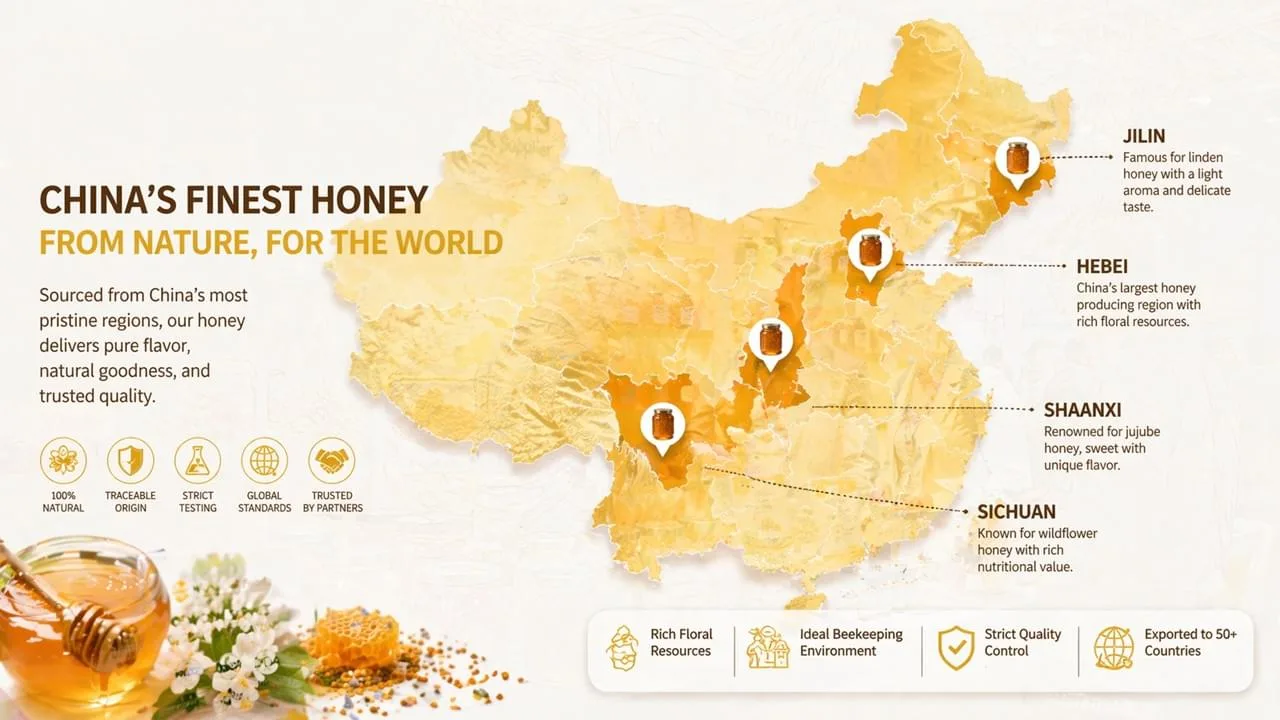 Mapa de las regiones productoras de miel de China que muestra los principales orígenes de las variedades florales.