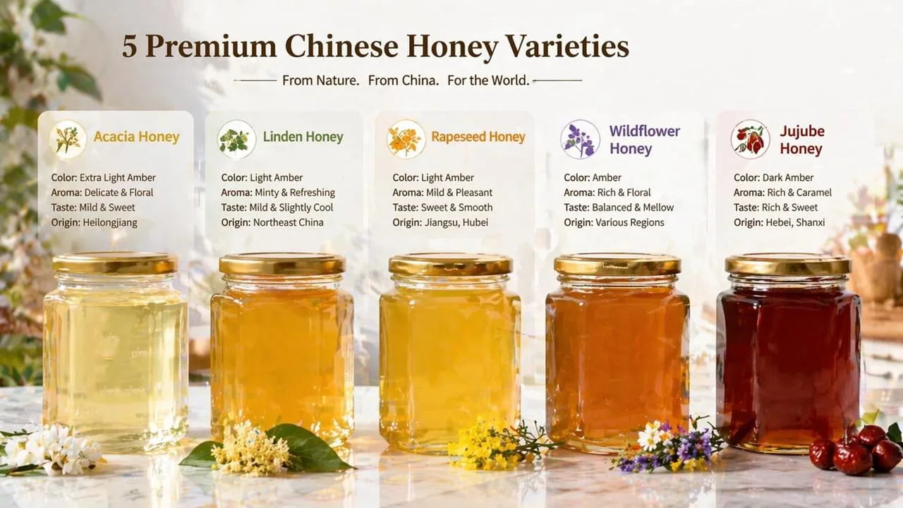 Cinco variedades de miel china, desde la acacia hasta el azufaifo, que muestran diferencias de color y claridad.