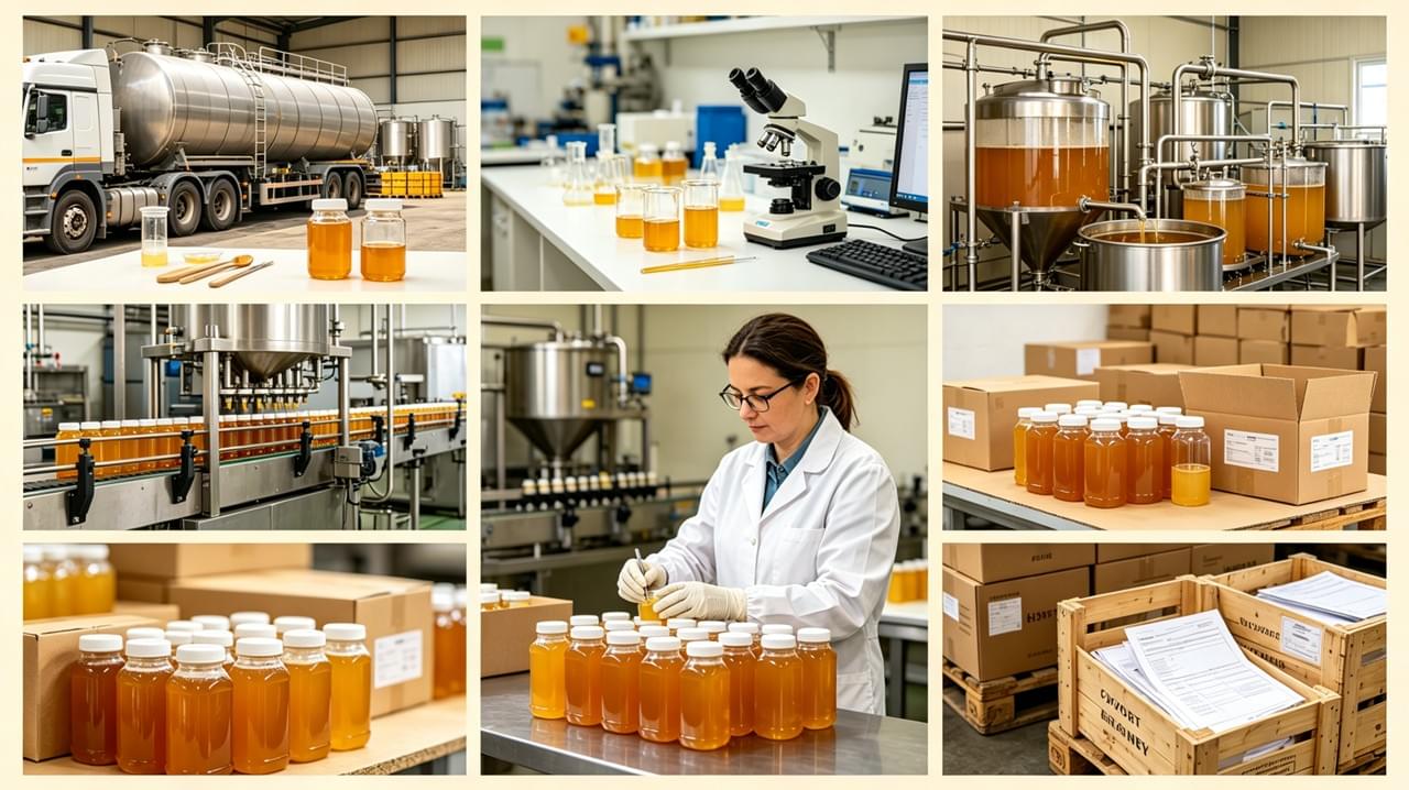 Delee Honey processing facility with labeled batch storage tanks for traceability