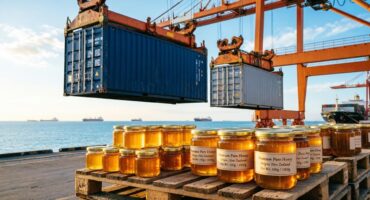 Honey export shipment of premium jars being loaded into containers for Japan market