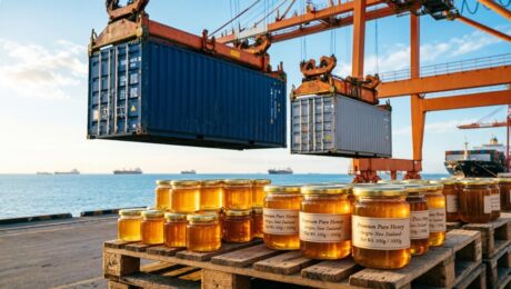 日本市場向け高級蜂蜜の輸出貨物がコンテナに積み込まれている。