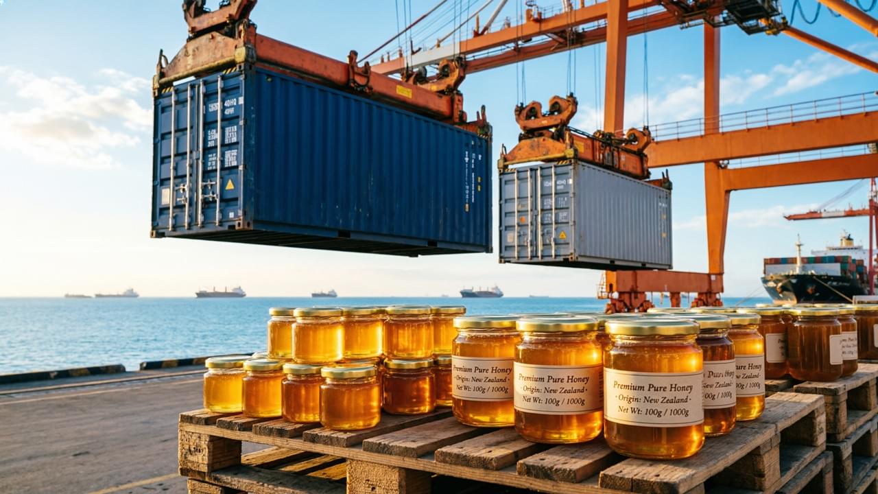 contêineres para exportação de mel no Japão Remessa de mel premium para exportação sendo carregada em contêineres com destino ao mercado japonês.