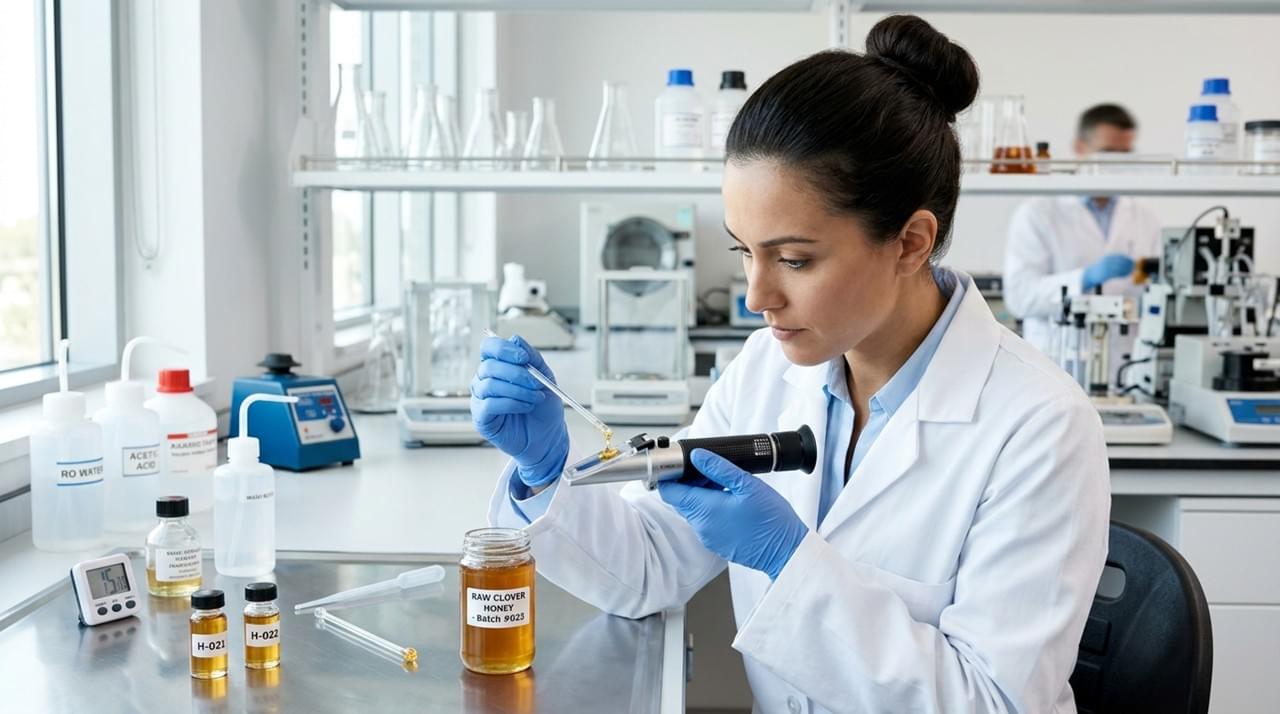 Quality technician conducting honey moisture test at Delee processing facility
