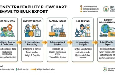 Rückverfolgbarkeitsmanagementkette für Honig von der Imkerei bis zum Export, die das Chargendokumentationssystem von Delee vorstellt.