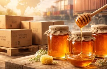 Pengiriman madu alami premium dalam stoples kaca dengan kemasan ekspor siap untuk pengiriman global ke Kamboja.