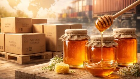 カンボジアへの世界配送に対応した、輸出用パッケージ入りのガラス瓶入り高級天然蜂蜜の出荷