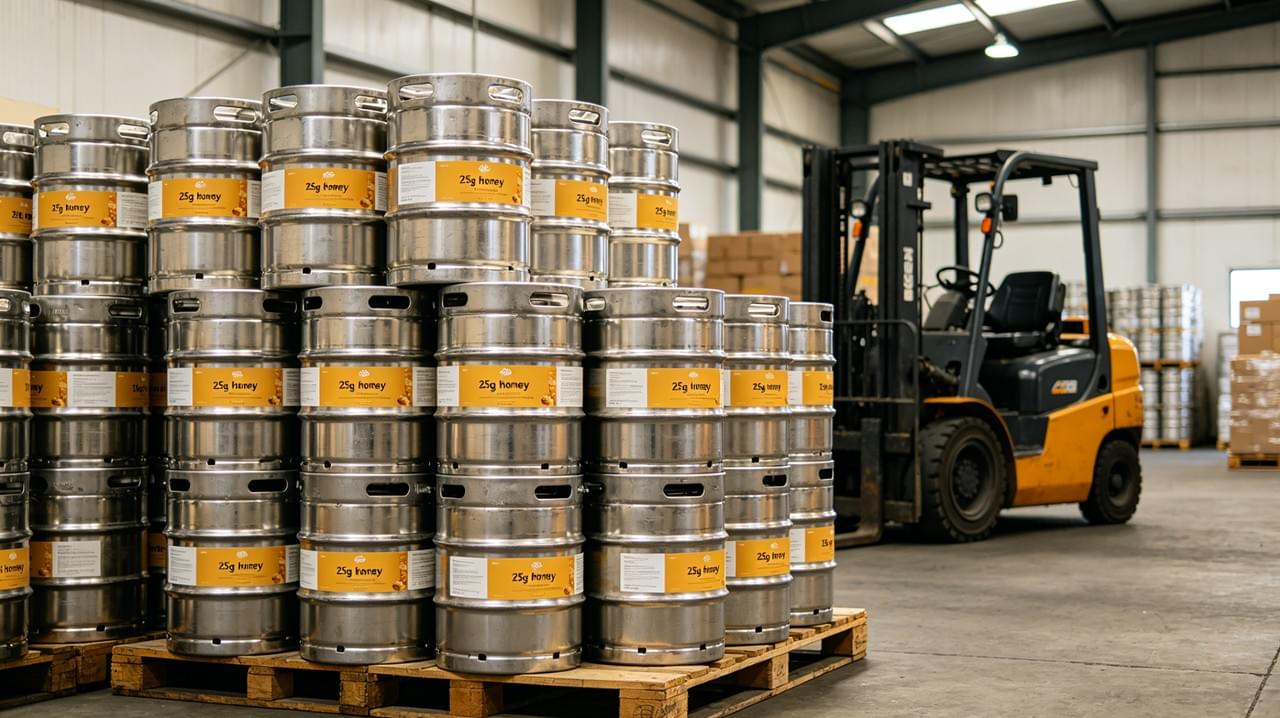 Honey bulk export drums ready for shipping at Delee China production facility