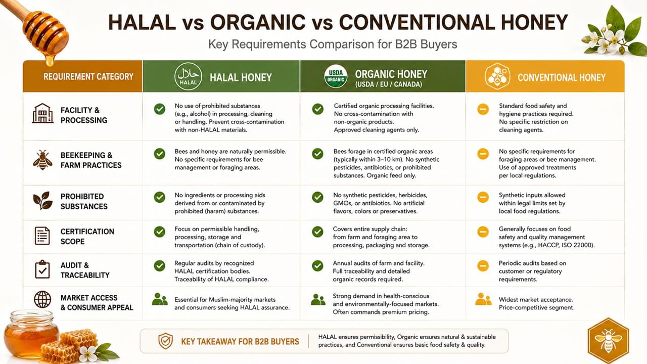 Comparison of HALAL organic and conventional honey certification requirements for buyers