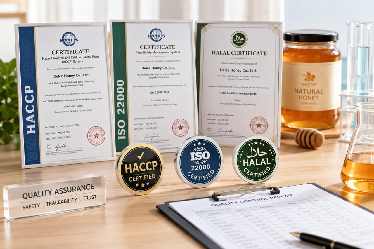 Delee Honey quality certifications including HACCP ISO and HALAL for B2B buyers
