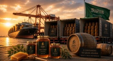Sidr honey supplier exporting three containers of premium honey to Saudi Arabia through international shipping logistics