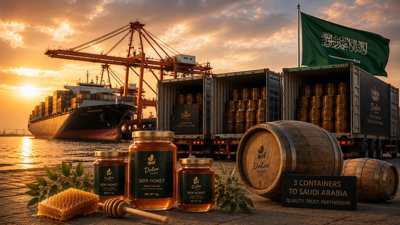 sidr-honey-supplier-saudi-arabia Sidr honey supplier exporting three containers of premium honey to Saudi Arabia through international shipping logistics