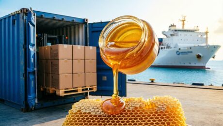 Premium honey export shipment, two full shipping containers being loaded with honey cartons at a modern international seaport, golden honey jar with flowing honey and natural honeycomb in foreground, forklift loading export pallets, cargo vessel in background, subtle Malaysia trade concept, professional B2B food export photography, ultra realistic, warm golden sunlight, global logistics, international trade, commercial advertising style, highly detailed, sharp focus, premium branding, 16:9 aspect ratio, 8K quality, no text, no watermark