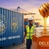 A vibrant blog cover image illustrating Premium Natural Honey from Delee Foods Group being unloaded from a 20ft shipping container at a busy Nigerian port like Lagos at sunrise, symbolizing the new partnership and West African expansion.