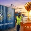 Uma vibrante imagem de capa de blog ilustrando Mel Natural Premium da Delee Foods Group sendo descarregada de um contêiner de transporte de 20 pés em um porto nigeriano movimentado como Lagos ao nascer do sol, simbolizando a nova parceria e a expansão na África Ocidental.