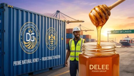 A vibrant blog cover image illustrating Premium Natural Honey from Delee Foods Group being unloaded from a 20ft shipping container at a busy Nigerian port like Lagos at sunrise, symbolizing the new partnership and West African expansion.