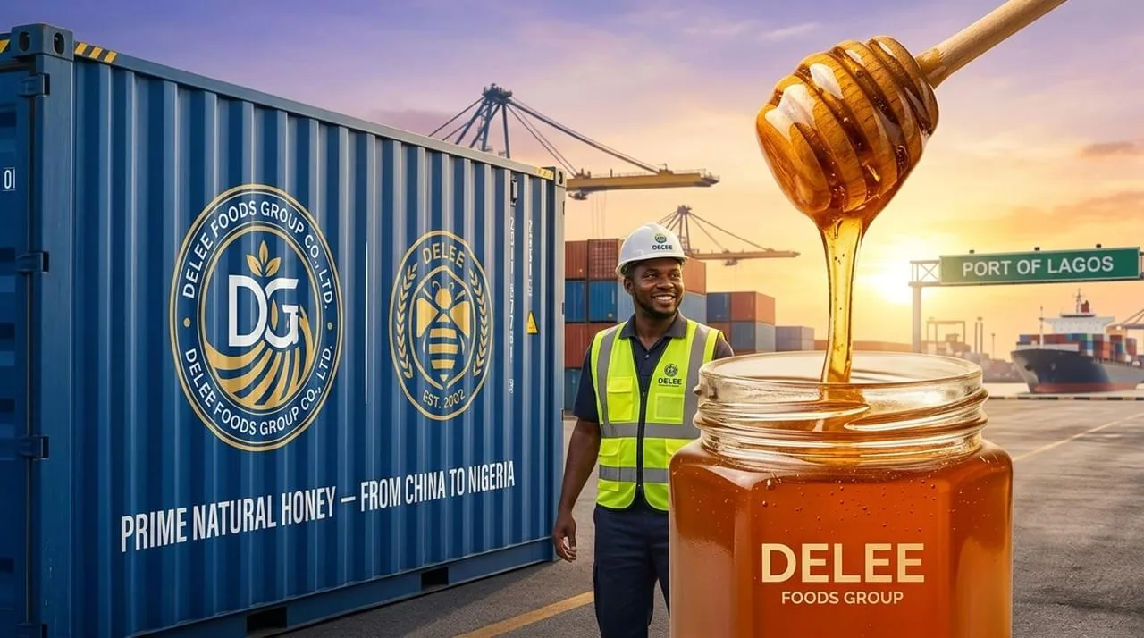 delee-foods-nigeria-premium-natural-honey-shipment Una vibrante imagen de portada de blog que ilustra Miel Natural Premium de Delee Foods Group siendo descargada de un contenedor de envío de 20 pies en un concurrido puerto nigeriano como Lagos al amanecer, simbolizando la nueva asociación y la expansión de África Occidental.