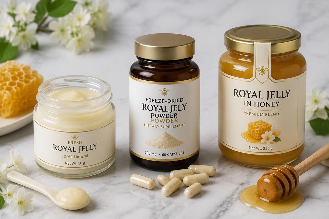 Royal jelly product forms for manufacturing — fresh, freeze-dried powder, and honey blend