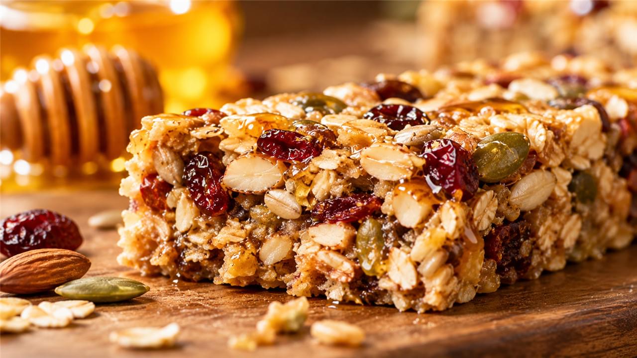 Tekstur penampang _honey energy bar_ — pengikat madu dalam formulasi makanan ringan komersial