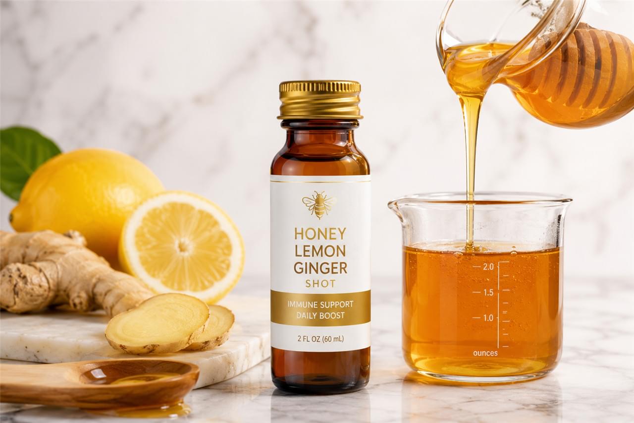 Honey lemon ginger wellness shot formulation — natural beverage manufacturing